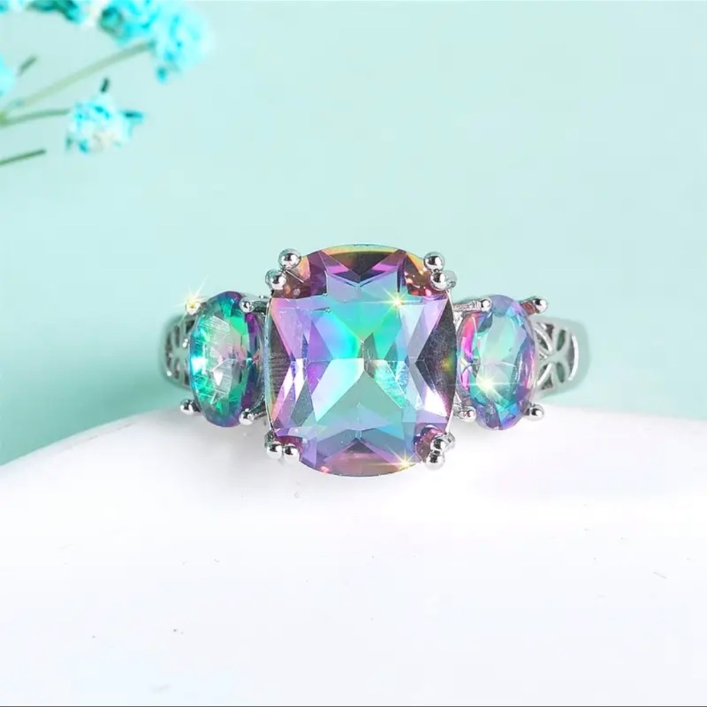 Aurora Borealis 6 Carat Genuine Rainbow Topaz on 925 Silver sz 7